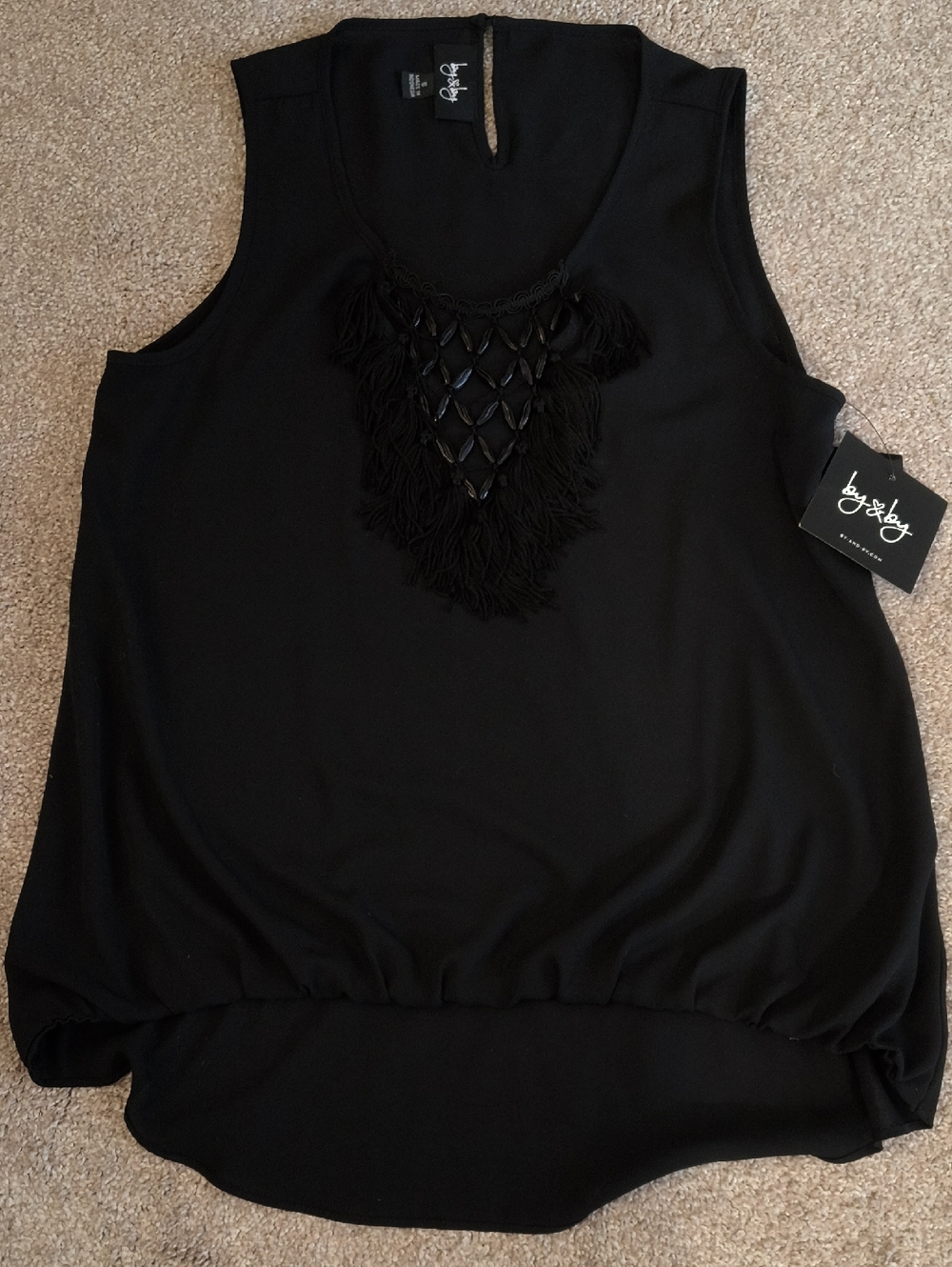 NWT by & by Black Sleeveless Tank Top with Fringe Lattice Detail S